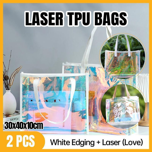 2PCS Transparent PVC Tote Bag Hologram Jelly Cosmetic GiftBag Iridescent Handbag
