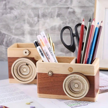 Vintage Wooden Camera Pen Holder Handmade Retro Gift Box Graduation Souvenir