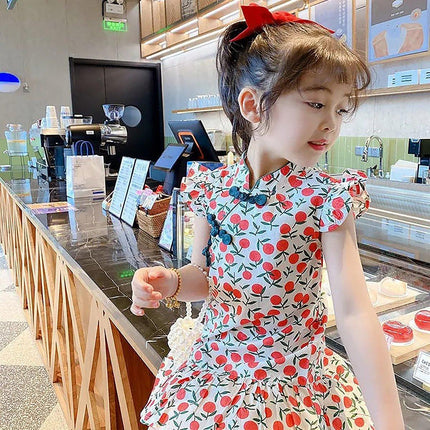 Girls Cheongsam Skirt Floral Dress Traditional Chinese Style Summer Outfit