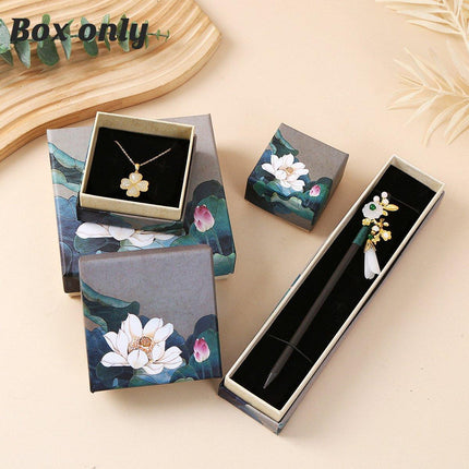 50pcs Blue Vintage Lotus Jewelry Box Paper Packaging Gift Boxes for Jewelry