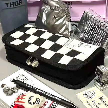2PCS Student Checkerboard Pencil Bag Pencil Case Large Capacity Stationery Bags