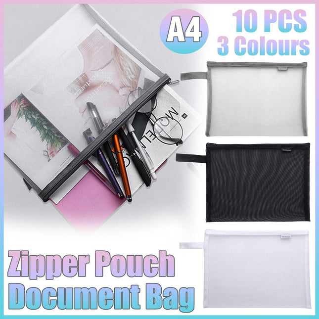 A4 Mesh Zipper Pouch Document Bags - Durable File Folders in 3 Colours