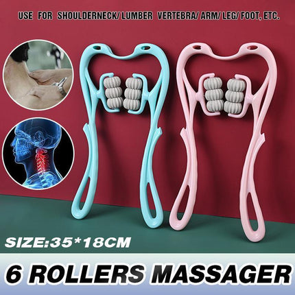 Hand 6-Roller Neck Shoulder Massager Trigger Point Pressure Pain Fatigue Relieve - Aimall