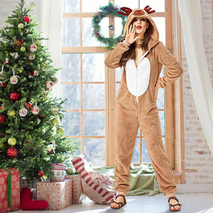 Christmas Reindeer Onesie Adult Khaki Cosplay Pajamas Comfy Animal Costume - Aimall