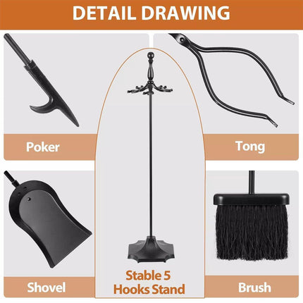 5PCS Grillz Fireplace Tool Set Fire Place Tools Poker Brush Shovel Stand Tongs