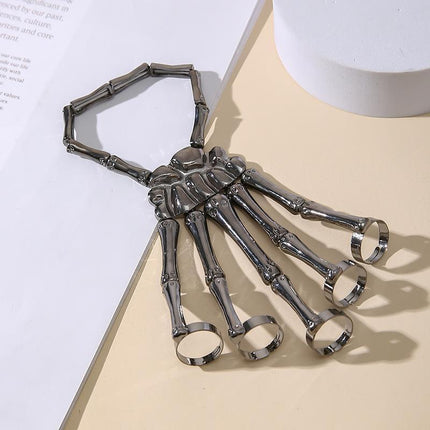 Punk Skeleton Hand Bone Five Finger Ring Bracelet Adjustable Halloween Brace - Aimall