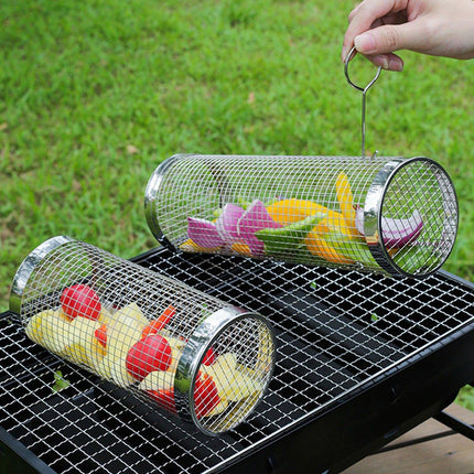 2pcs BBQ Basket Round Grill Cage Portable Rotating Net for Outdoor Cooking