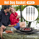 4PCS Outdoor BBQ Grill Basket Wooden Handle Sausage Hot Dog Corn Grilling Net