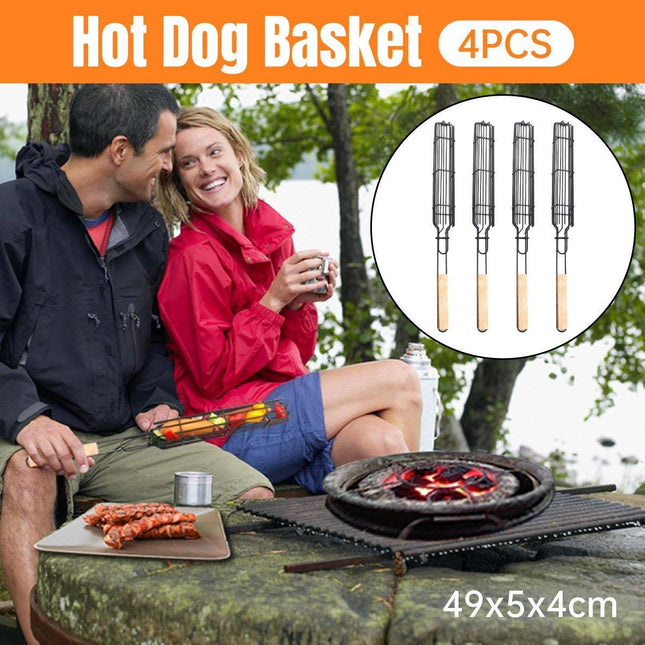 4PCS Outdoor BBQ Grill Basket Wooden Handle Sausage Hot Dog Corn Grilling Net
