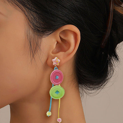 Candy-Coloured Braided Button Earrings Long Tassels Fashion Jewelry Gift
