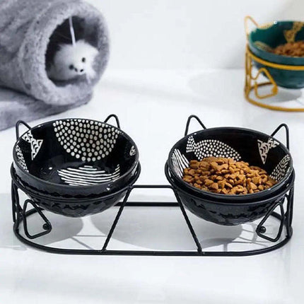 Double Ceramic Anti-Tipping Cat Dog Food and Water Bowl with Spine Fixed Design