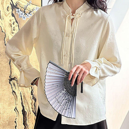 Elegant Retro Chinese Style Satin Top with Fringe and Disc Buckle Design for Women