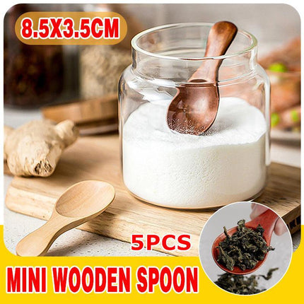 5PCS Mini Wooden Spoon Kitchen Spice Spoon Small Short Condiment Spoons Scoop - Aimall