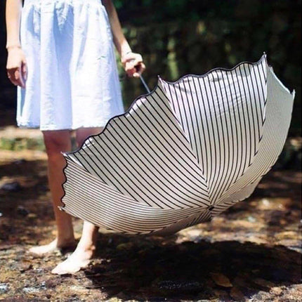 Stripe Sun Umbrella Rainy Folding Umbrella Women Sunscreen Black Rubber Sunshade
