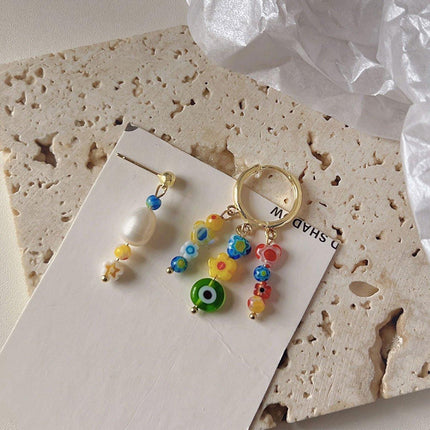 Vintage Asymmetrical Earrings Handmade Floral Glass and Pearl Drop Design for Women
