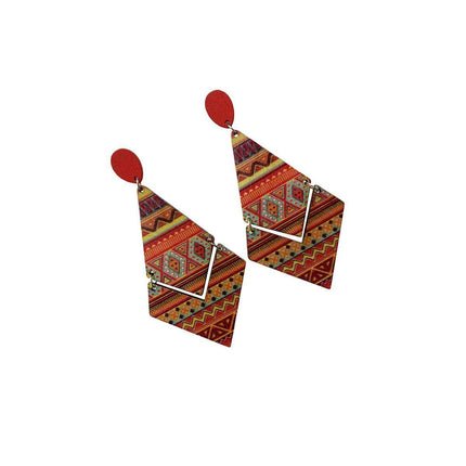 Boho Print Wood Earrings Diamond Shape Drop Dangle Fashion Jewelry for Women