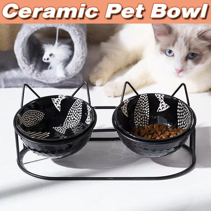 Double Ceramic Anti-Tipping Cat Dog Food and Water Bowl with Spine Fixed Design