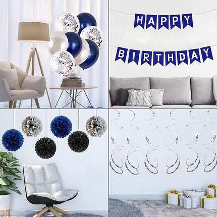 47pcs Blue Birthday Banner Balloon Set Party Decoration Blue Silver Paper Flower