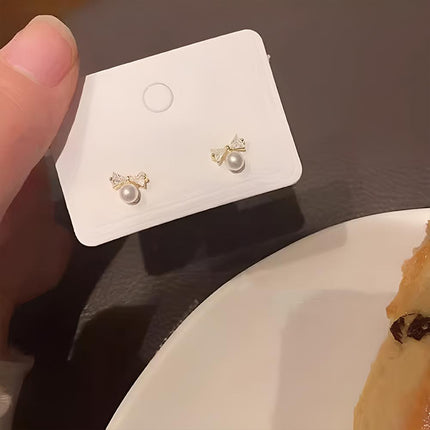 White Zircon Crystal Pearl Bow Tie Stud Earrings Elegant Best Gift for Women - Aimall