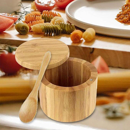 Bamboo Salt Box with Lid Mini Spoon Round Spice Storage Jar Kitchen Utensils Set