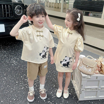 Boys Short Sleeve Panda Print Summer Cotton Outfit Casual Two Piece Set