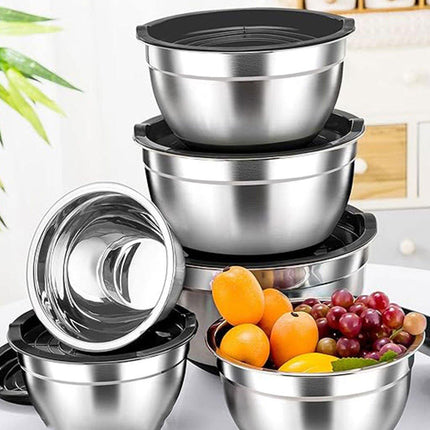 5PCS Stainless Steel Mixing Bowl Set with Black Dust Cover for Cooking Baking