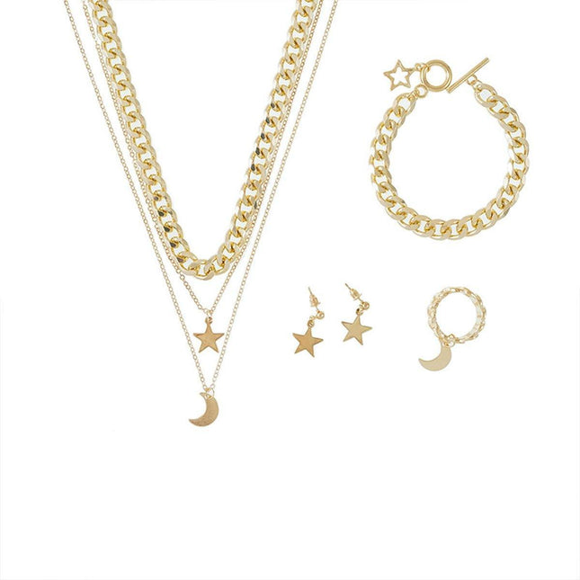 Moon Stars Pendant Necklace Bracelet Ring Earrings Jewelry Set Women Gift