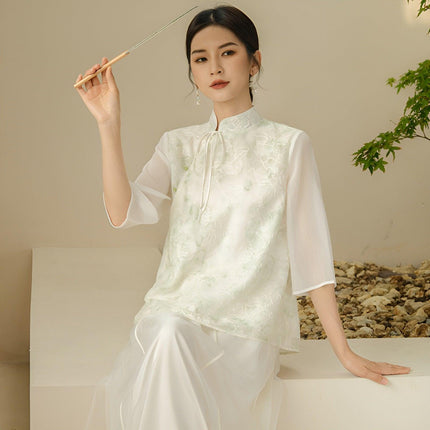 Chic Slant Collar Shirt Women New Traditional Chinese Fashion Style Top Trendy - Aimall