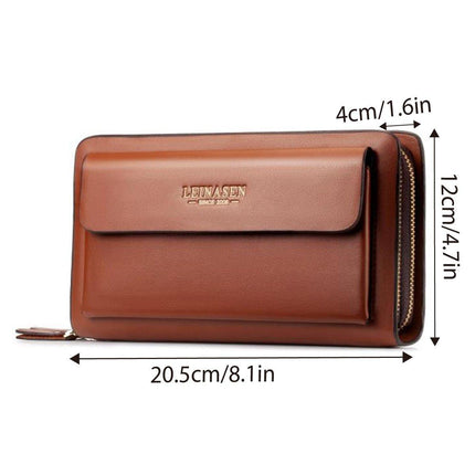 Commuter Clutch Bag for Men Long Leather Wallet Handbag Casual Travel Purse