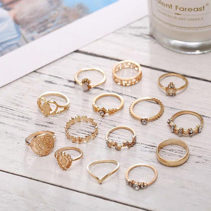 Gold Hollow Stackable Joint Ring Set 15 PCS Various Styles Versatile Womens - Aimall