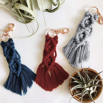 Boho Macrame Key ring Handwoven Tassel Pendant Keychain Purse Car Phone Bag - Aimall