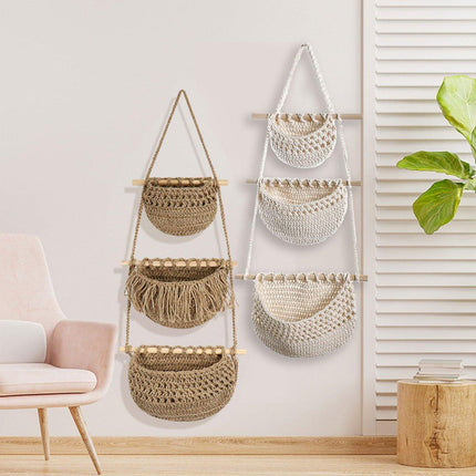 Three Layer Cotton Rope Wall Hanging Basket Door Storage Rack Organizer Bag