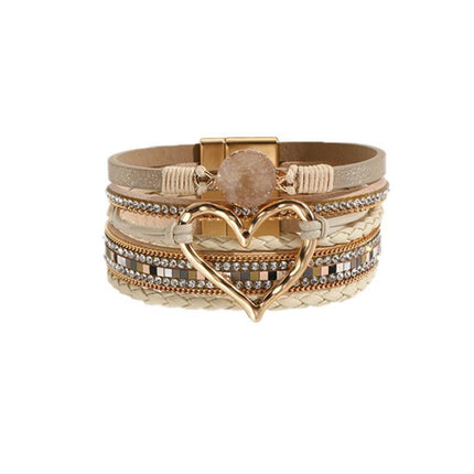 Chic Women's Multi-Color Leather Wrap Bracelet Love Heart Charms Magnetic Clasp - Aimall