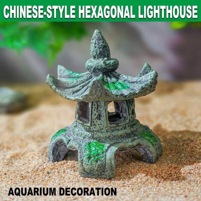 Chinese Fish Tank Decoration Hexagonal Pavilion Aquascape Ornament for Aquarium
