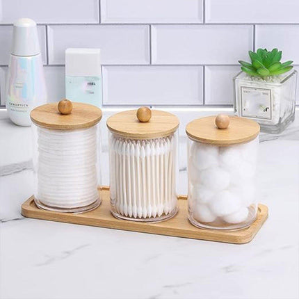 3pcs/set Cotton Swab Holder with Vanity Tray Clear Apothecary Jar Wood Lids