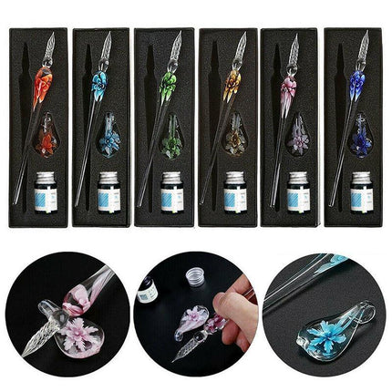 Crystal Flower Glass Dipping Dip Pen Writing Set Gift Pack Fountain Calligraphy - Aimall