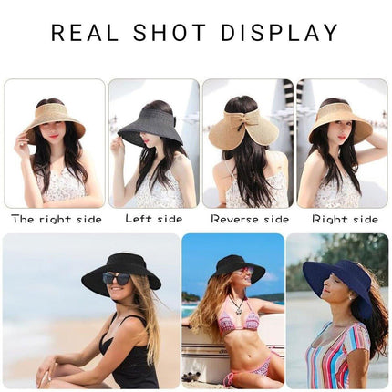Women Roll Up Sun Visor Wide Brim Straw Hat Summer Foldable UV Protection Cap