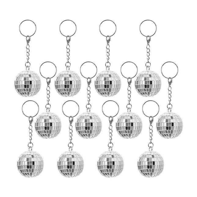 12PCS Disco Laser Ball Pendant Small Silver Bag Pendant Keychain Party Favors