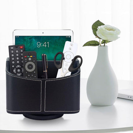 Leather Remote Control Holder 360 Degree Spinning Desk TV Remote Table Organizer
