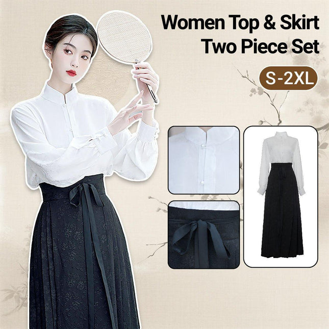 Elegant National Style Hanfu Two-Piece Set with Long Skirt and Daily Wear Top
