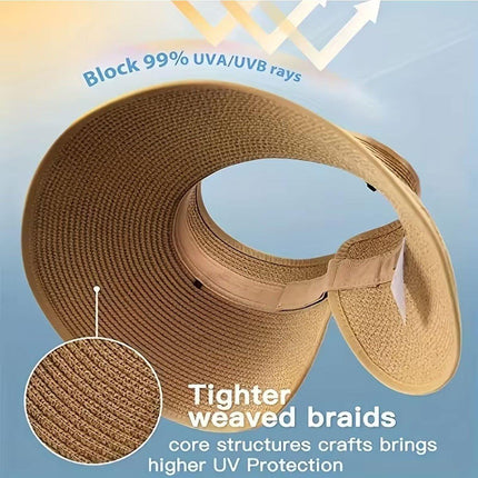 Women Roll Up Sun Visor Wide Brim Straw Hat Summer Foldable UV Protection Cap
