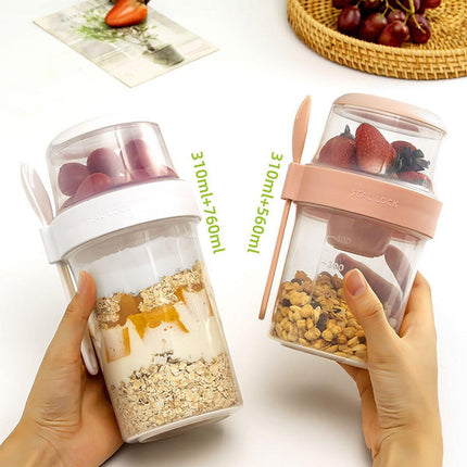 Double Plastic Salad Cup with Fork Sealed Breakfast Container for On-the-Go Meal