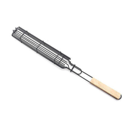 4PCS Outdoor BBQ Grill Basket Wooden Handle Sausage Hot Dog Corn Grilling Net