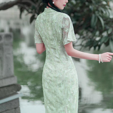 Chinese Traditional Cheongsam Women Lace Embroidered Qipao Evening Dress - Aimall