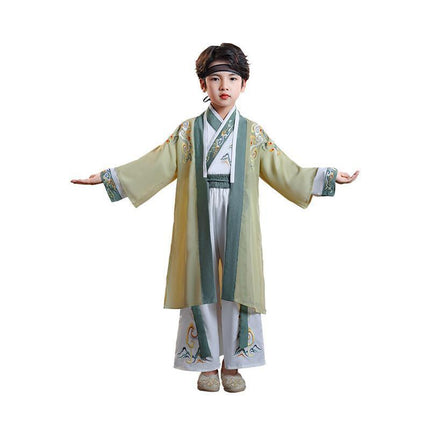 Kids Boys Hanfu Suit Top and Pants Embroidered Lace Up Bag Tassel Chinese Style - Aimall