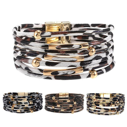 Fashion Magnetic Leather Bohemian Leopard Print Bangle Trendy New Bracelet Gift - Aimall