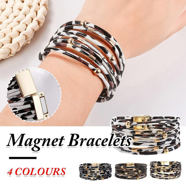 Fashion Magnetic Leather Bohemian Leopard Print Bangle Trendy New Bracelet Gift - Aimall