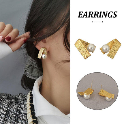 Folded Brushed Metal Faceted Stud Earrings Simple Elegant Jewelry for Women