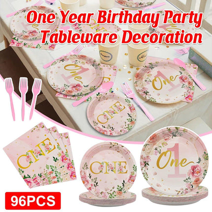 96pcs 1st Birthday Party Supplies Set Tableware Decorations for Baby Birthday