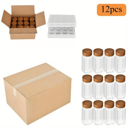 12pcs Square Glass Spice Jars Clear Storage Containers Kitchen Spice Organizing